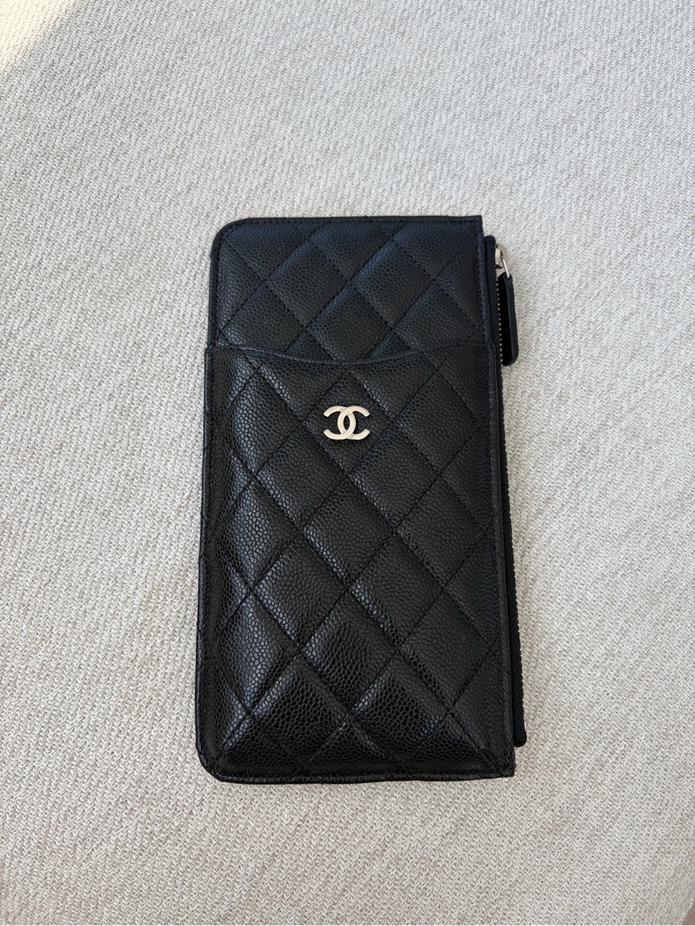 CHANEL Black Quilted Leather Zip Phone Wallet Case with Silver CC